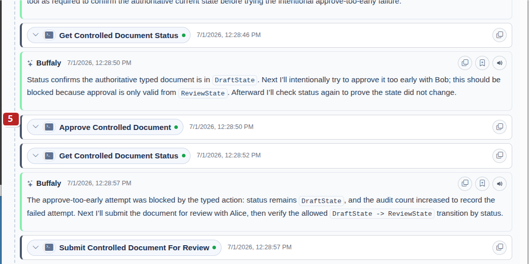 Timeline screenshot showing Bob's early approval attempt getting rejected, with the state locked in DraftState