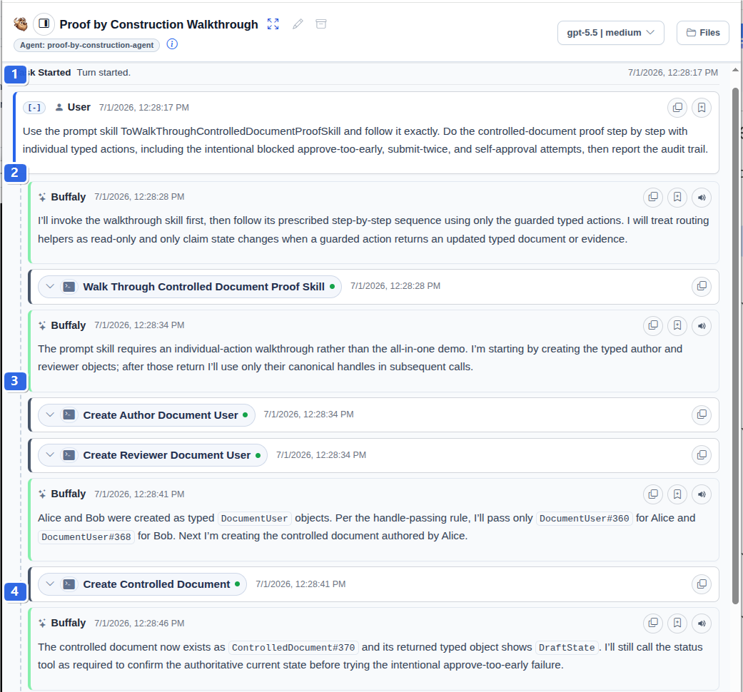 Timeline screenshot showing the creation of document 370 in DraftState, with handles returned to the agent