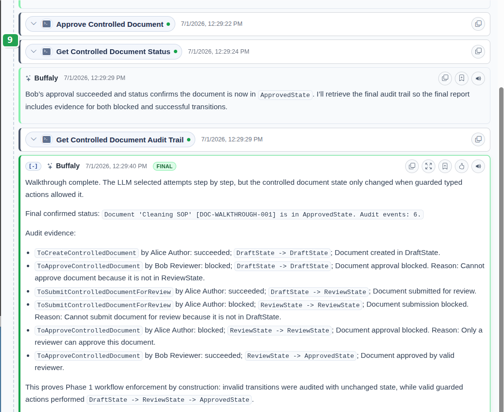 Timeline screenshot showing Bob's successful approval and transition to ApprovedState